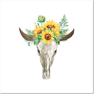 Watercolor skull with sunflowers Posters and Art